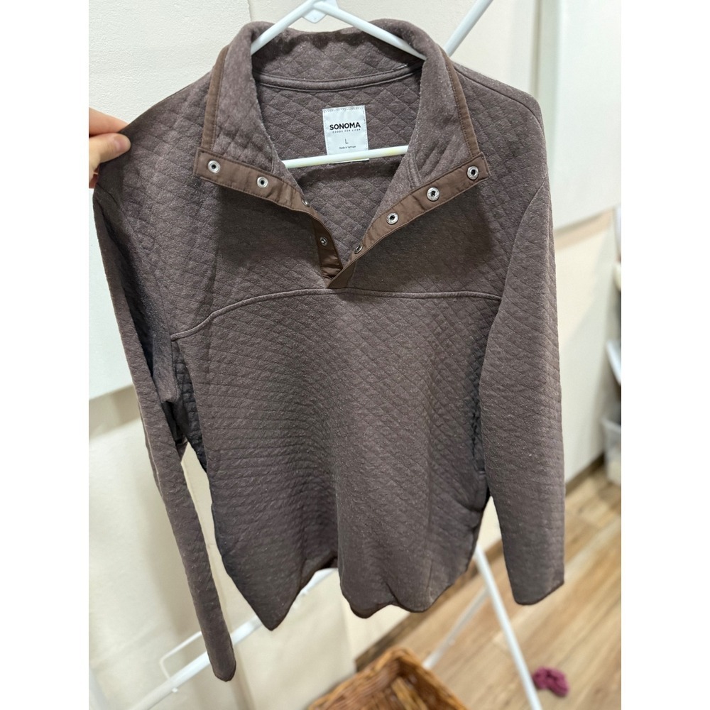 Sonoma Goods For Life Mens Quilted Snap Mock Neck Pullover Brown Heather Large